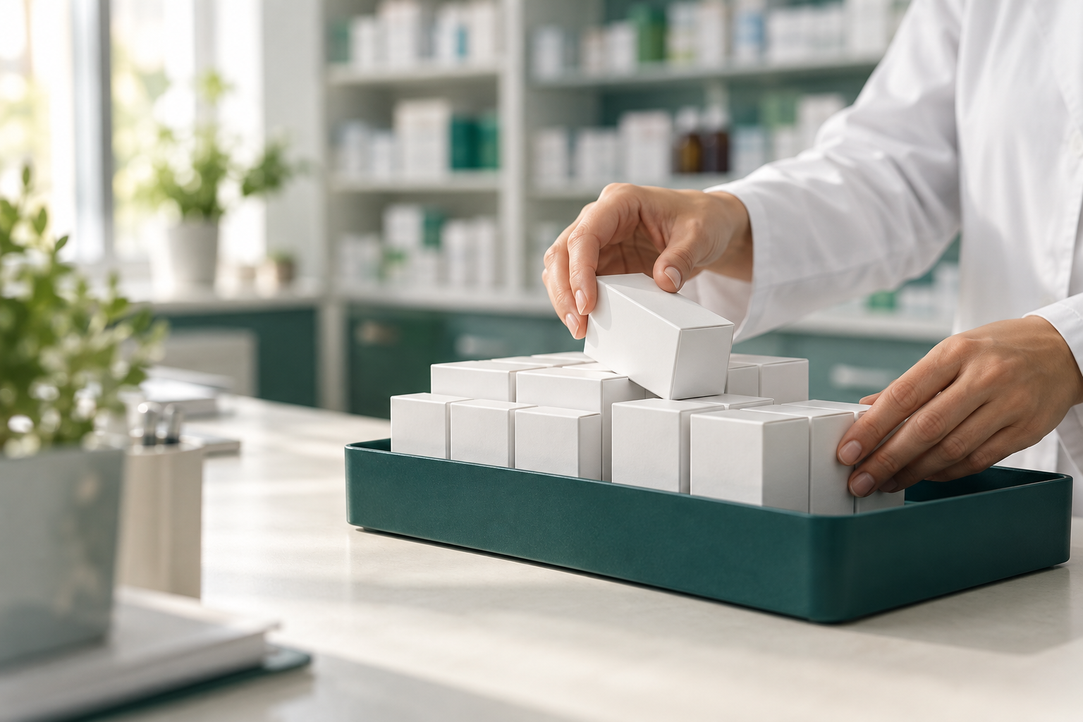 Preparación cuidadosa de cajas de productos farmacéuticos, imagen ilustrativa